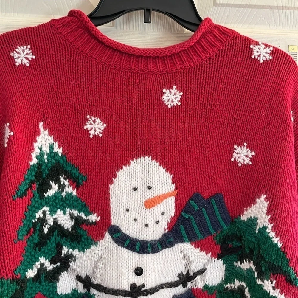 Croft & barrow-L-Snowman, trees, snowflakes, embroidery& crocheted 3-D sweater.